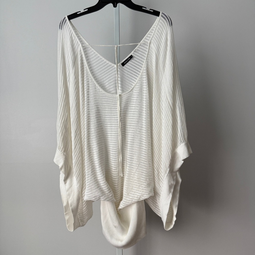 Dolce Cabo L White Knit Poncho Top Sheer Drape Sweater Minimalist Coastal